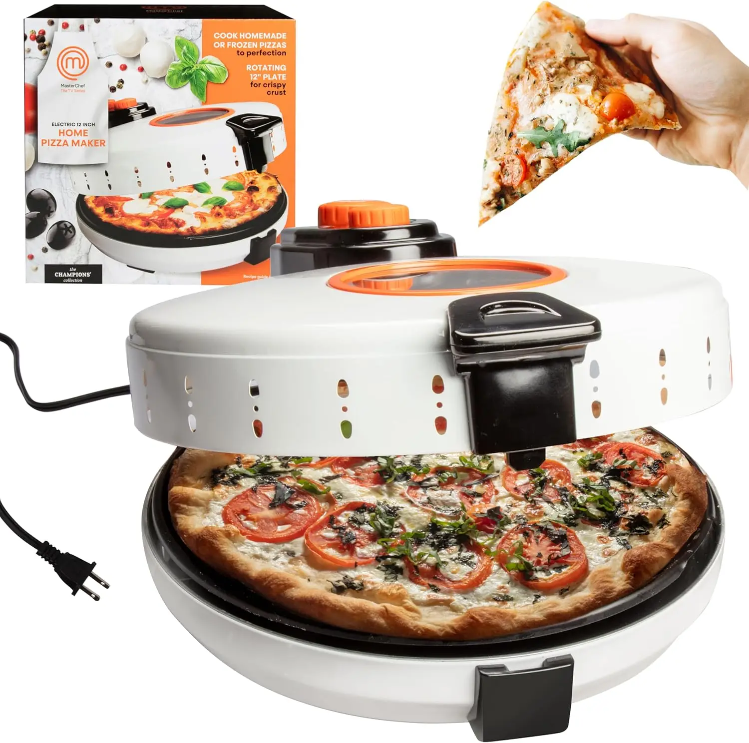 12-Inch Electric Pizza Oven with Rotating Nonstick Hot Plate for Even Baking, Adjustable Temperature Control for Crispy Crust –