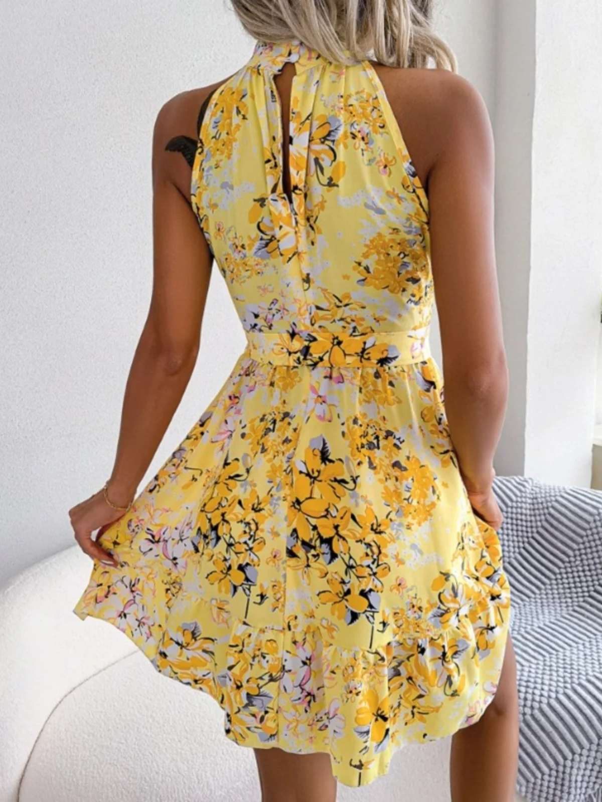 Zomer nieuwe straat Sle bloemenprint jurk Ne hangende Svel Dr met taille Cinching Lace up oulder blote zoom rok