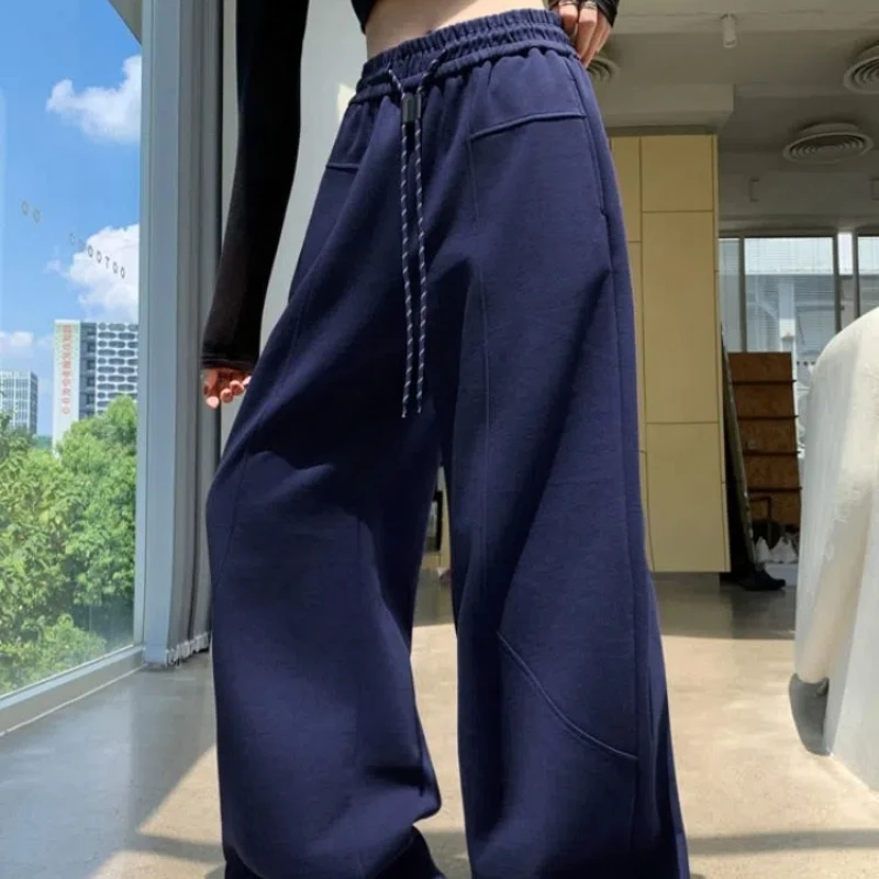 Women's 2024 New Autumn Winter Spliced Elasticized High-waisted Pocket Drawstring Fashion Solid Color Loose Casual Sports Pants