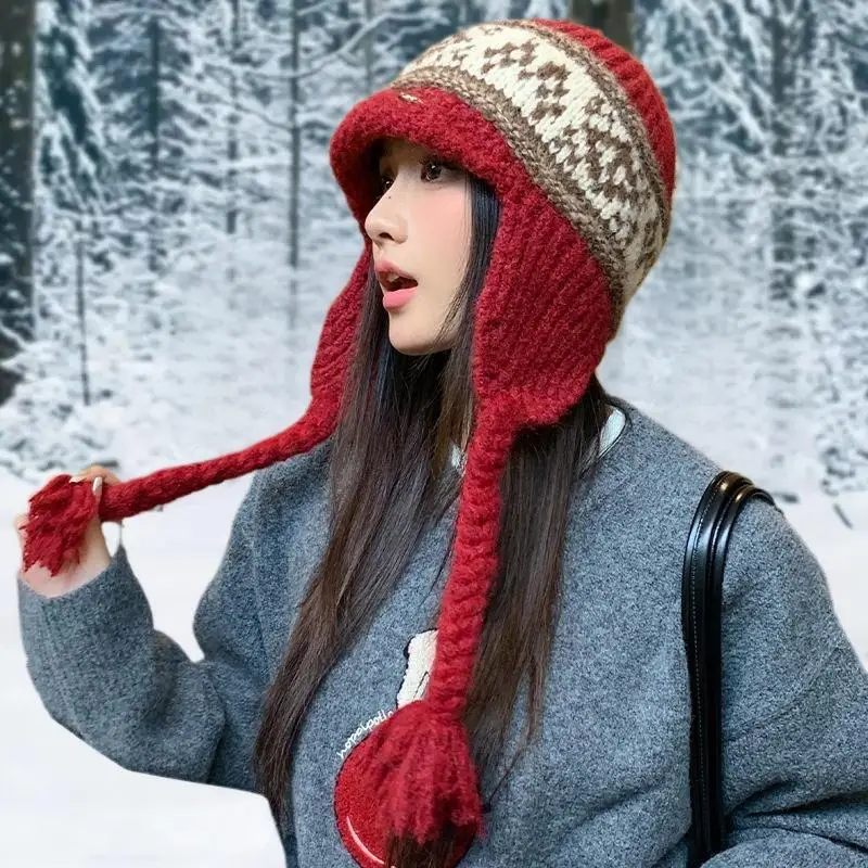 

(JYA2)Vintage Jacquard Knitted Warm Cap For Women Ear Protection Warmer Beanies Skullies Windproof Pullover Caps