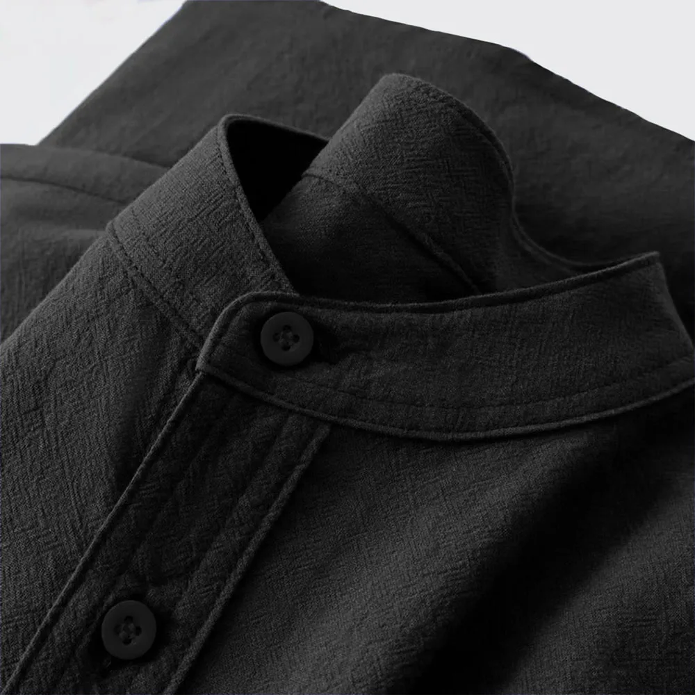 Herren-T-Shirt aus Baumwolle und Leinen, Sommer, heißer Verkauf, Henley-Ausschnitt, lässig, atmungsaktiv, leicht, einfarbig, Taschenknopf-Tops – Detail 7