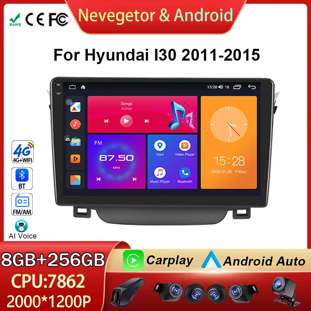 Car Radio Android 14 Multimedia Player GPS For Hyundai I30 Elantra GT 2011-2017 Carplay Android auto DVR DSP No 2 Din Stere DVD