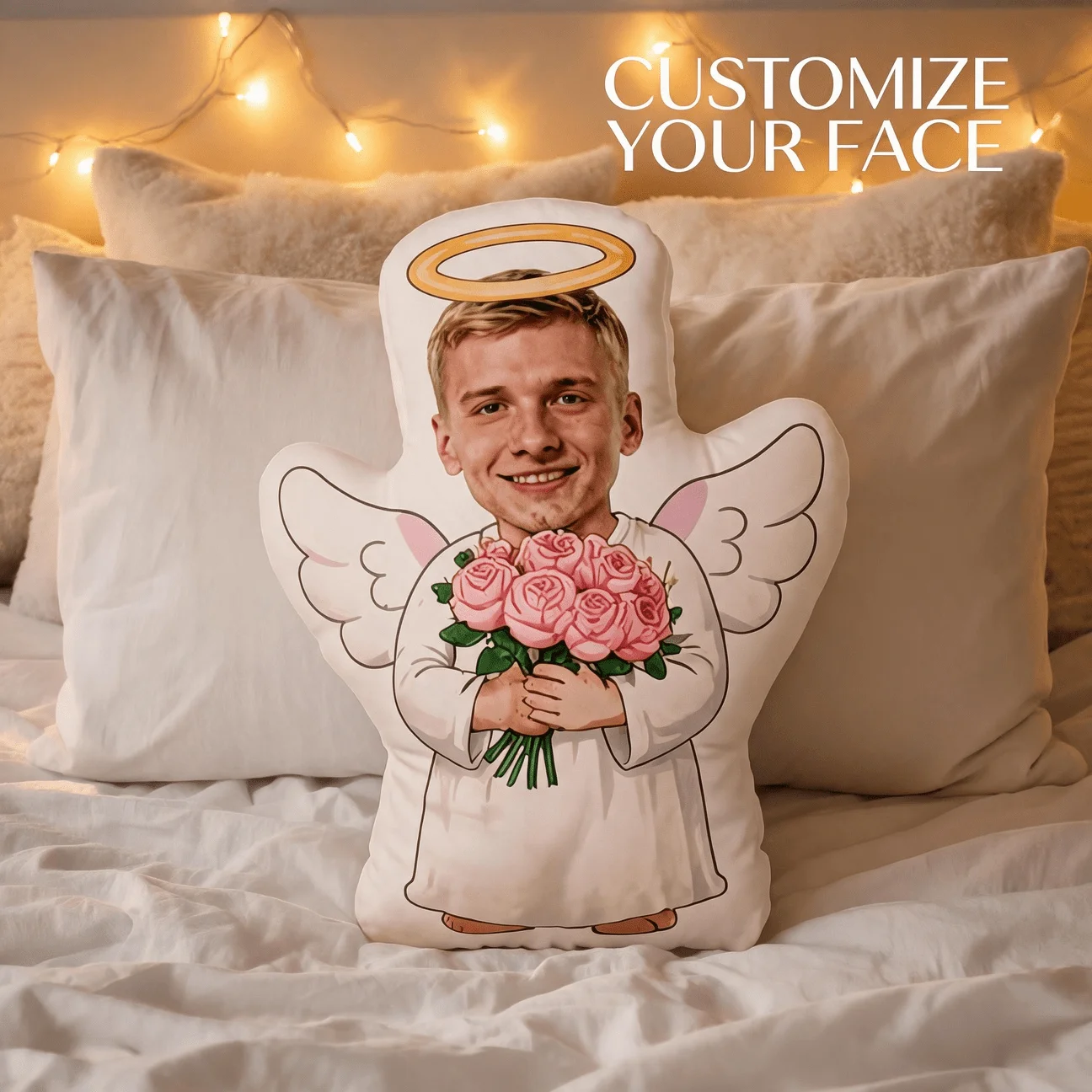 Custom Angel Photo Shaped Pillow, Personalized Face with Wings & Roses Decorative Cushion, Unique Home Decor Accent for Sofa Bed