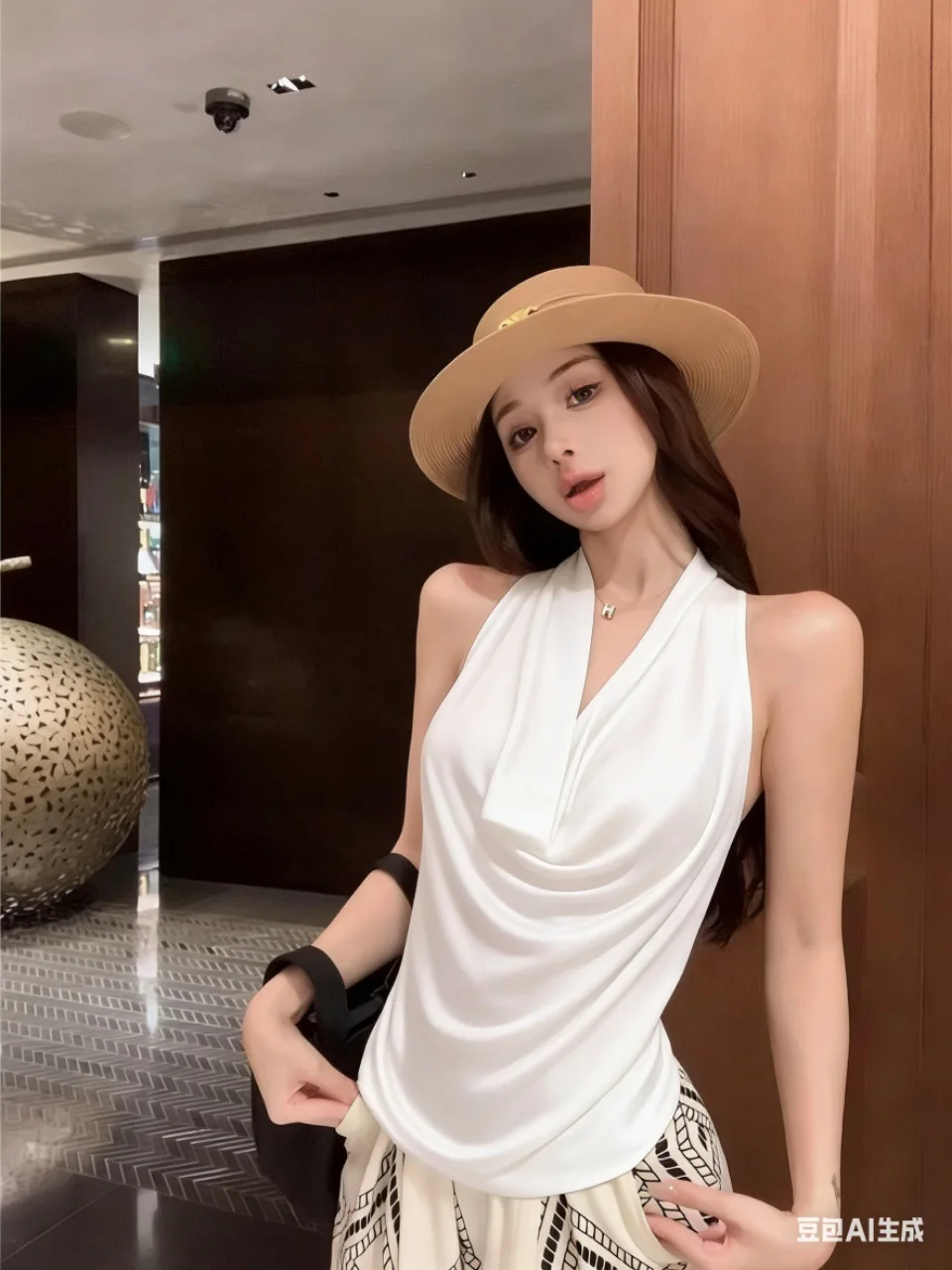 Women Satin Cowl Neck Halter Top Sleeveless Draped Neck Slim Fit Tank Tops Summer Casual Party Vest