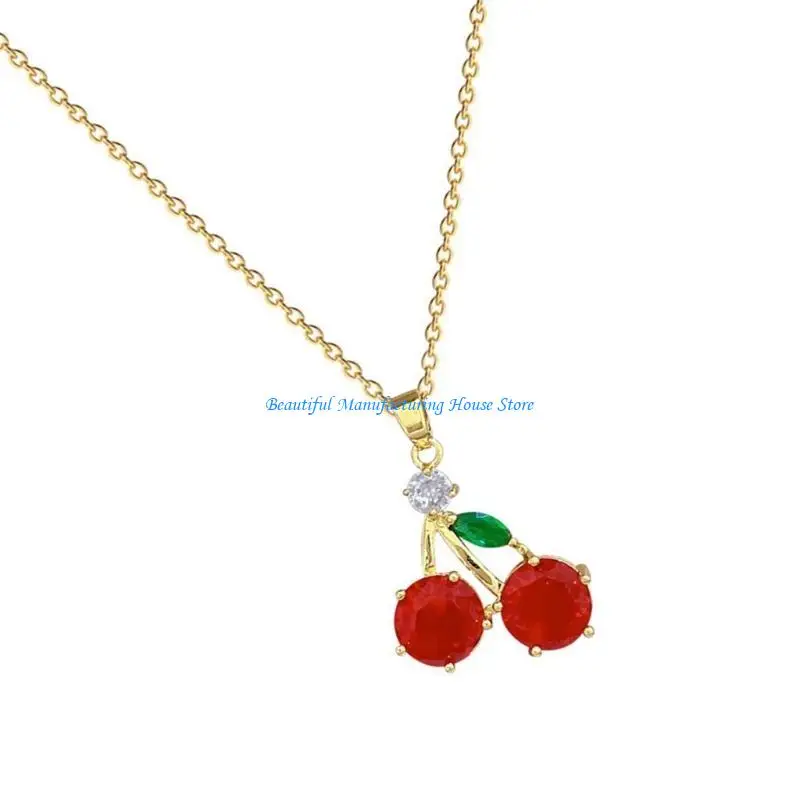 

E56A Trendy Zircon Cherry Pendant Necklace Dazzling Zircon Cherry Pendant Necklace Charm Perfect For Parties And Date