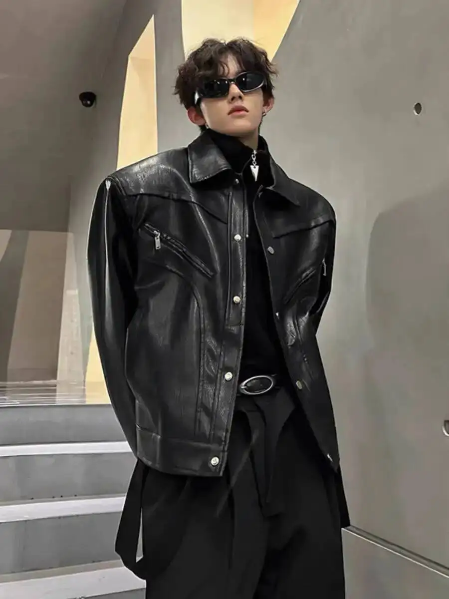 رجل دراجة نارية سترة معطف 2025 الخريف الشتاء الرجعية كلينفيت سترة جلدية قصيرة للجنسين العصرية كول التلبيب السائق نمط ملابس خارجية #3