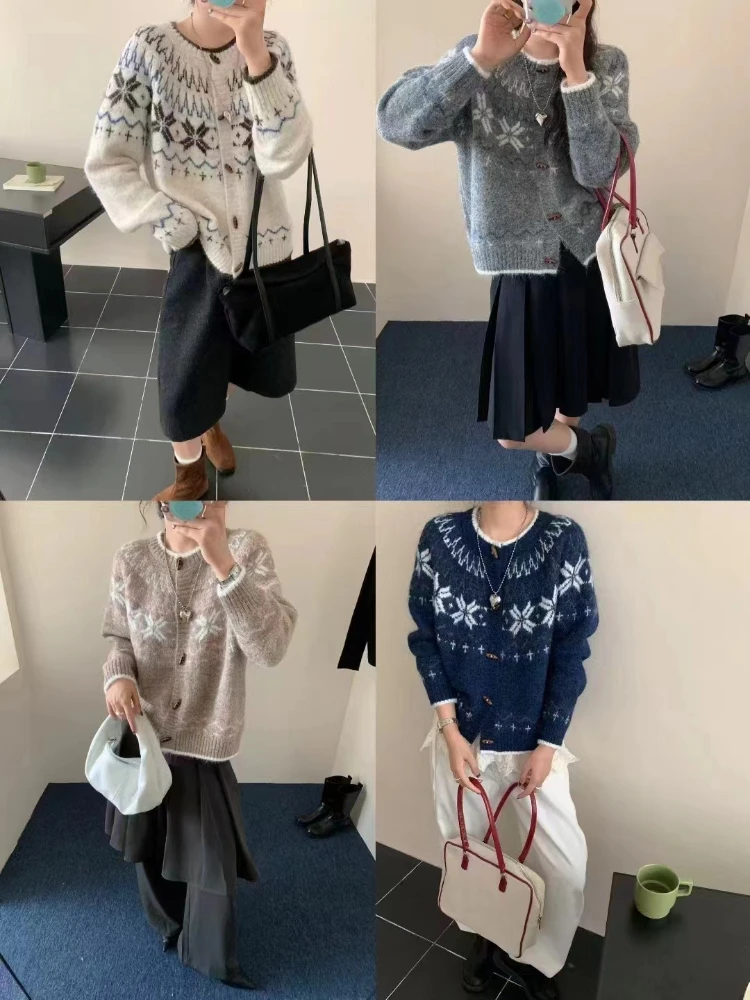 AOSSVIAO الكورية الرجعية الجاكار المرأة سترة الخريف الشتاء جديد كسول نمط فضفاض طويل الأكمام الثور القرن زر سترة مشغولة من الصوف