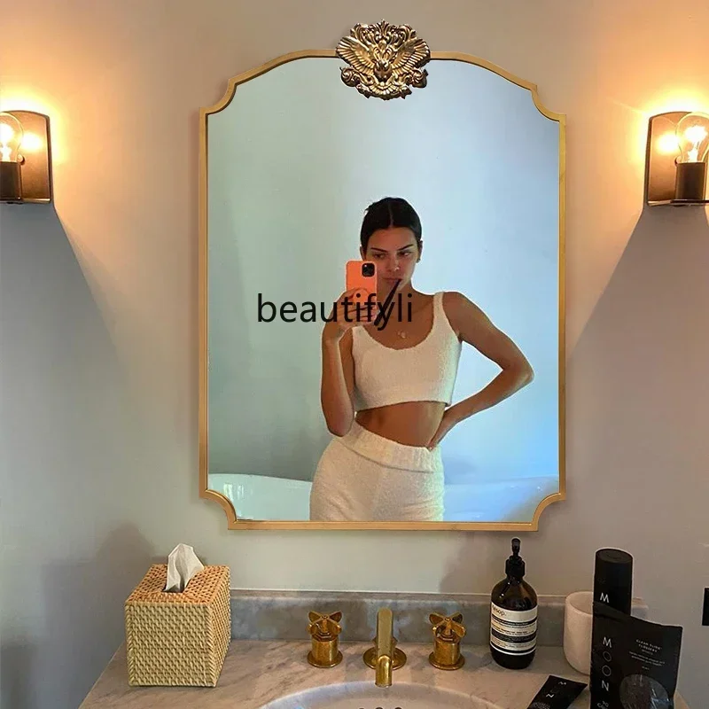 SS NewEuropean square bathroom wall-mounted high-end bathroom defogging mirror sink luminous mirror carved retro mirror