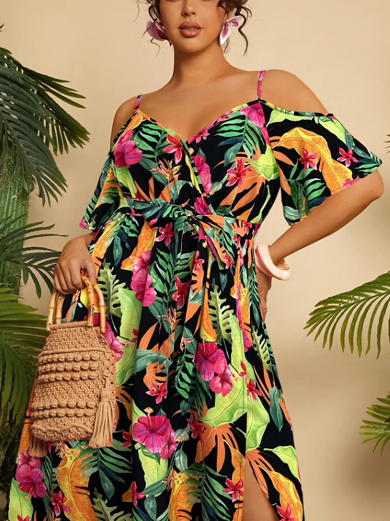 Nuevo Vestido Largo Elegante de Verano con Manga Corta y Hombros Descubiertos, Talla Grande, Casual, Holgado, con Cintura Ajustada y Abertura Sexy