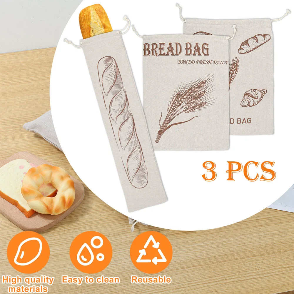 3Pcs New Bread Storage Bags Cotton Linen Homemade Bread Bags with Drawstring Food Grade Storage Bag for Sourdough Bread Storage