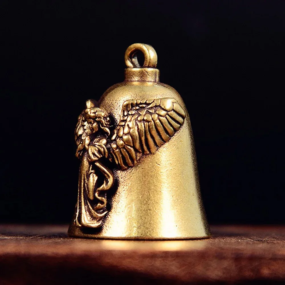 Vintage Brass Bell with Carved Angel Relief Good Luck Bless Guardian Hanging Decor Home Decor Easter Thanksgiving Day Gift