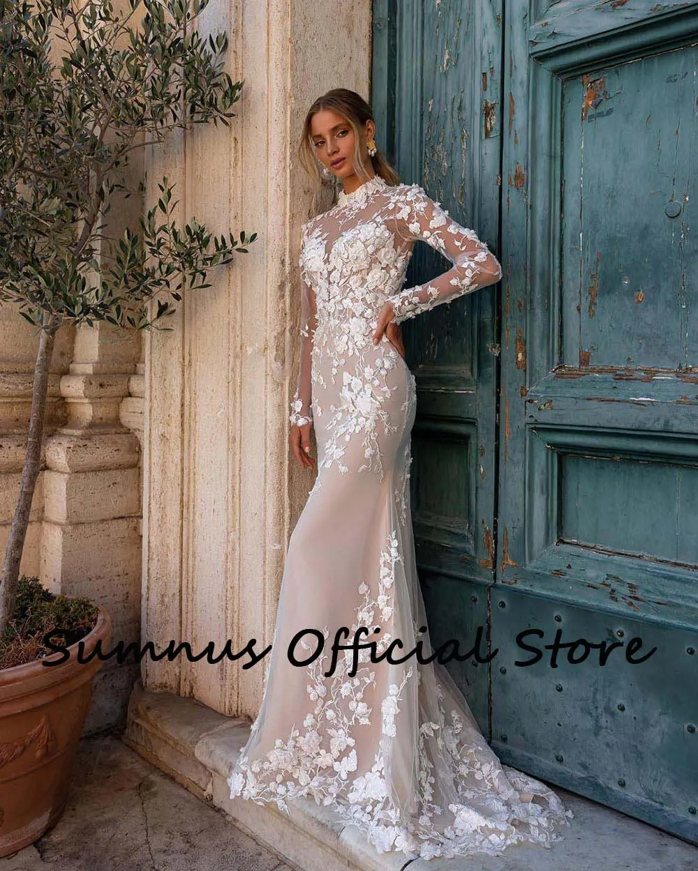 Sumnus Luxury Mermaid Wedding Dresses Long Sleeve Handmade Appliques Boho Bride Dress High Neck Tulle Wedding Gowns Customized