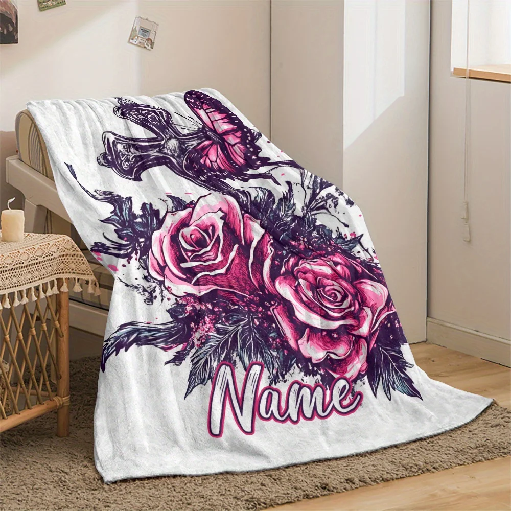 Personalized Cross Butterfly Flannel Blanket - Soft, Lightweight, All-Season Comfort Custom Name Option Ideal for Sofa, Bed