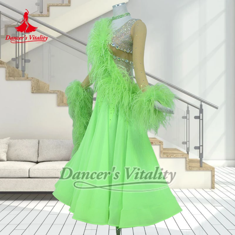 النساء الفلورسنت الأخضر ريشة قاعة الرقص العروض والمسابقات فستان محكم من عند الصدر ويتدلى بشكل واسع حيوية الرقص الفالس فوكستروت الزي