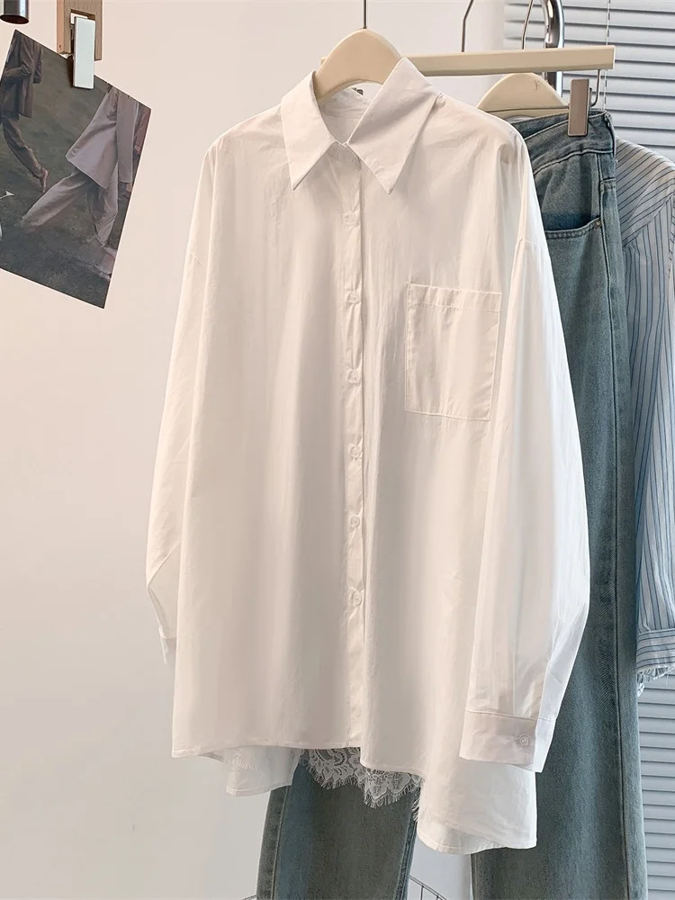 

Faionable Large Size Women's irt Ba Slit Lace Splicing Artistic Sle Long Sve Mid-Length Single Button Closure