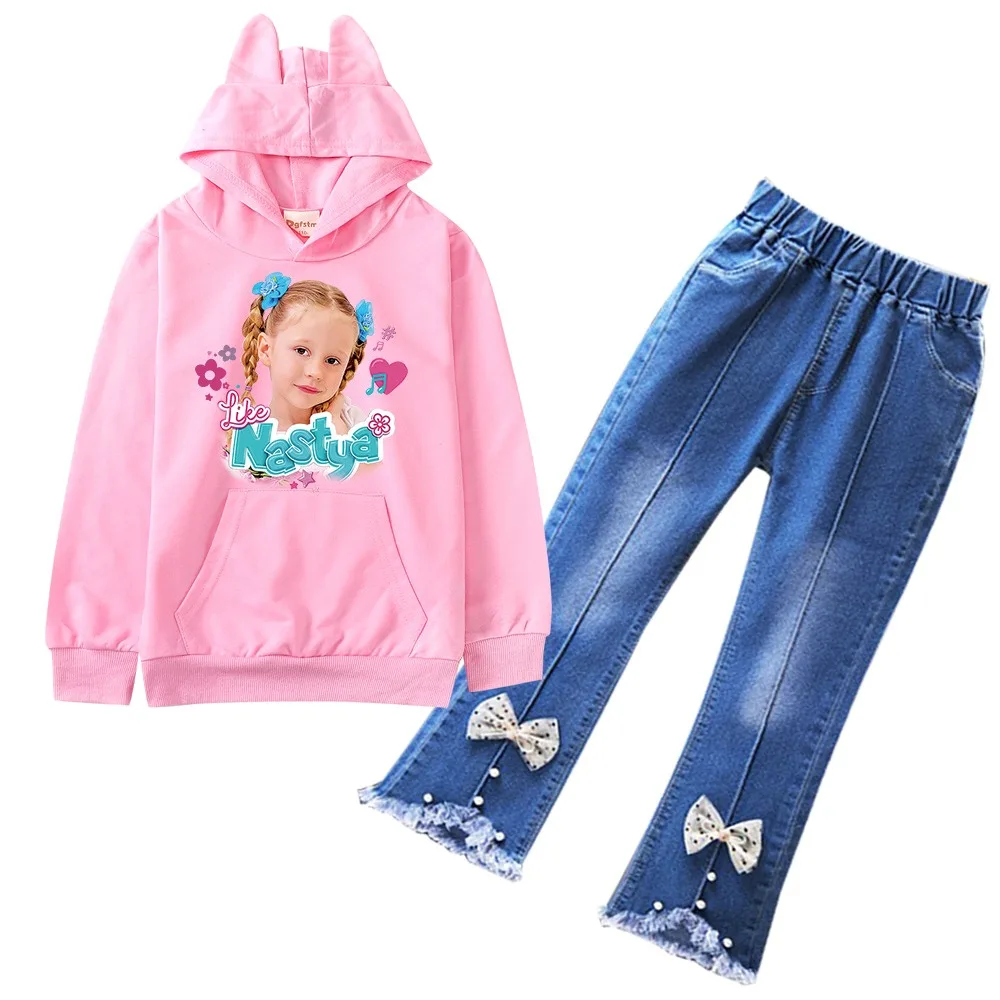 Anime Like Nastya Show Clothes Kids Hooded Sweatshirts Denim Jeans 2pcs Sets Toddler Girls Boutique Outfits Children's Clothing