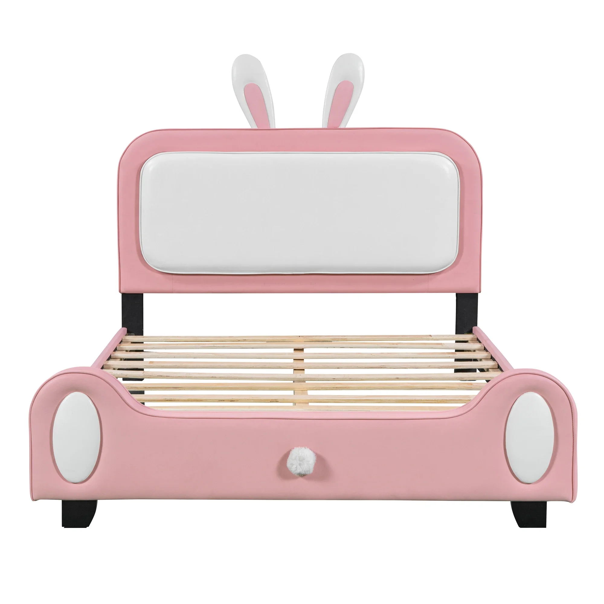 Full/Twin Size Upholstered Rabbit-Shape Princess Bed Platform Bed Frame with Headboard & Footboard White+Pink