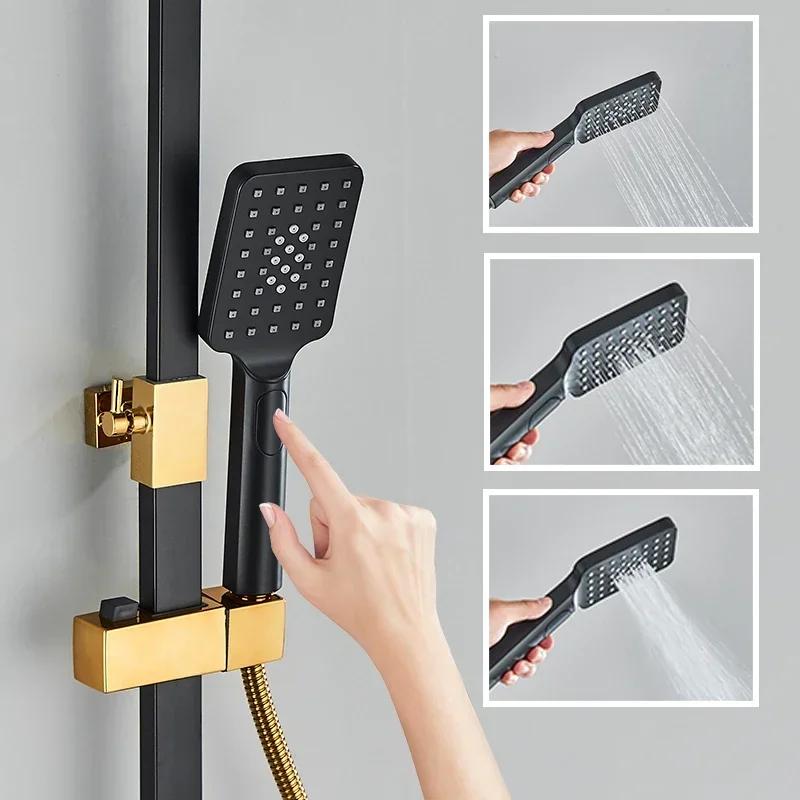 Display Digital Botão Shower Set, 4 Função Botão, Sistema Termostato, Banheiro, Montado na parede Latão, Preto e Dourado