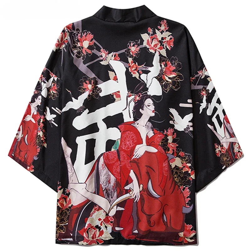 الملابس اليابانية التقليدية للرجال والنساء، ملابس الشارع، نمط الكيمونو، تي شيرت تقليدي بأكمام قصيرة #1