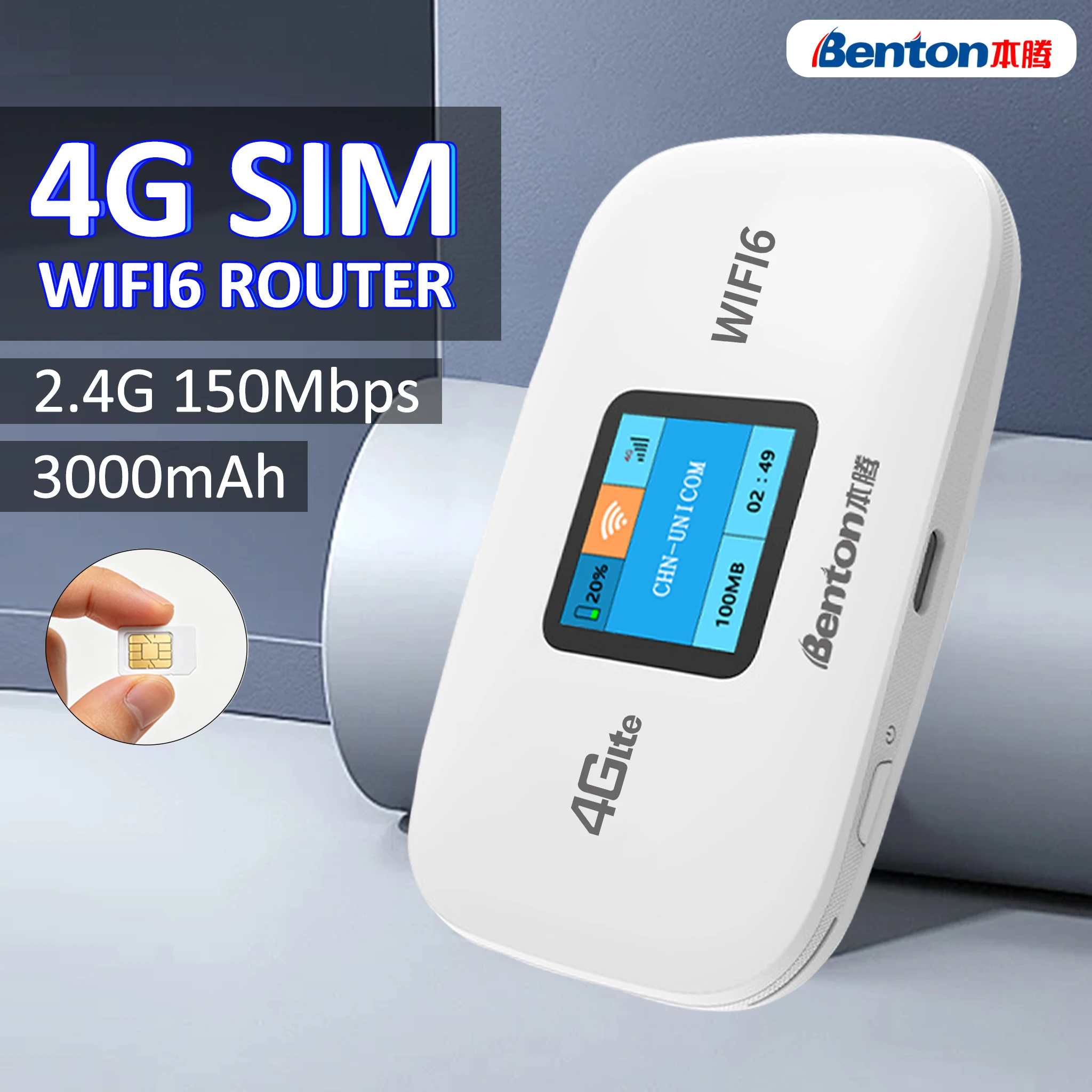 Benton 3000mAh WiFi6 Portable Travel Router Mobile 4G 5G Hotspot