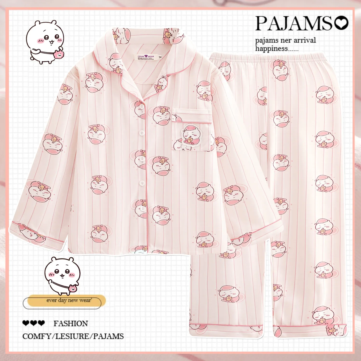 Anime Chiikawa Hachiware Women Pajama Set Pink Vertical Stripe Cartoon Print Lapel Long Sleeve Pants Soft Cotton Kawaii Homewear