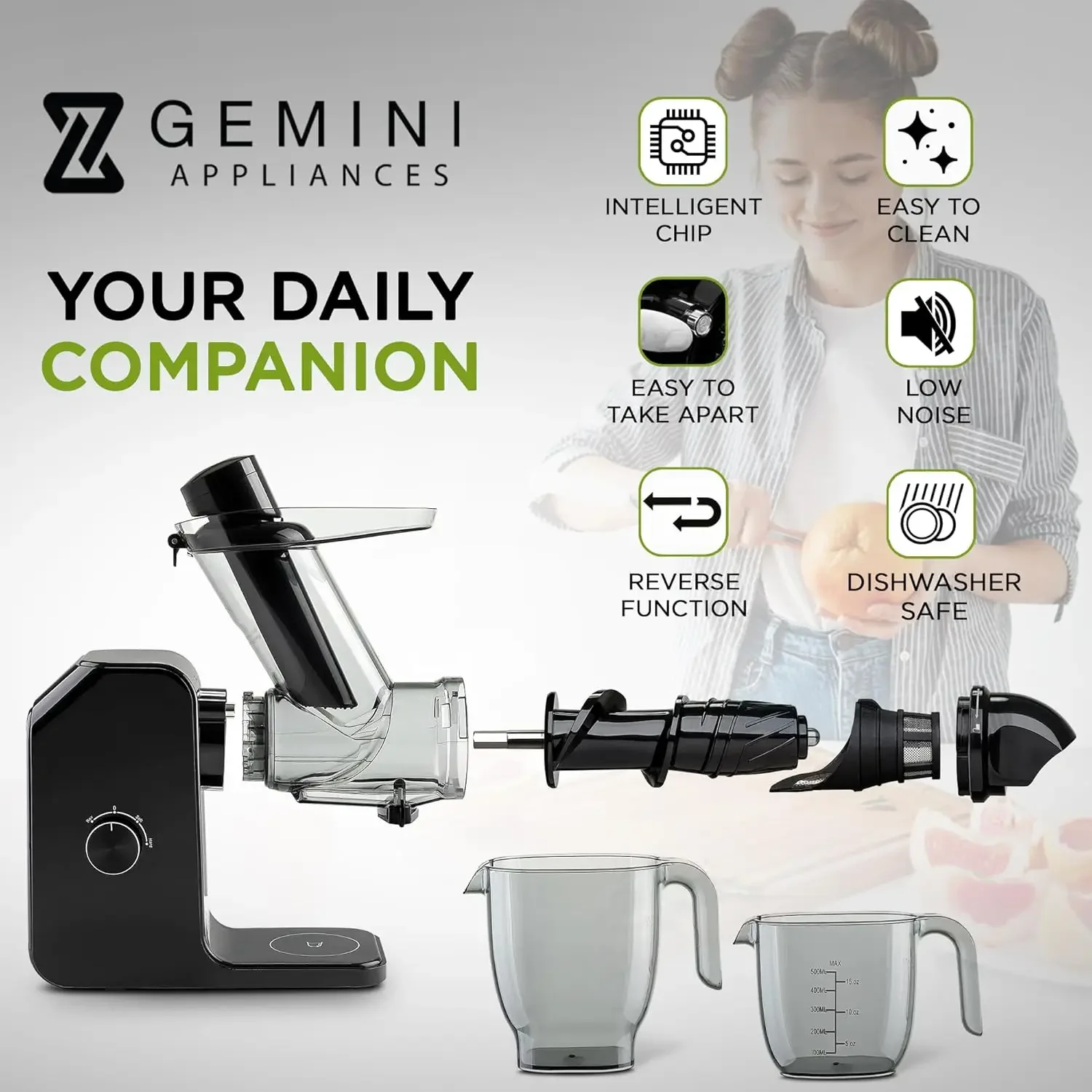 Juicer Machine  3 Inch Wide Chute High Nutrition & Juice Yield  3 Juicer Modes Easy to Clean Slow Masticating Juicer for