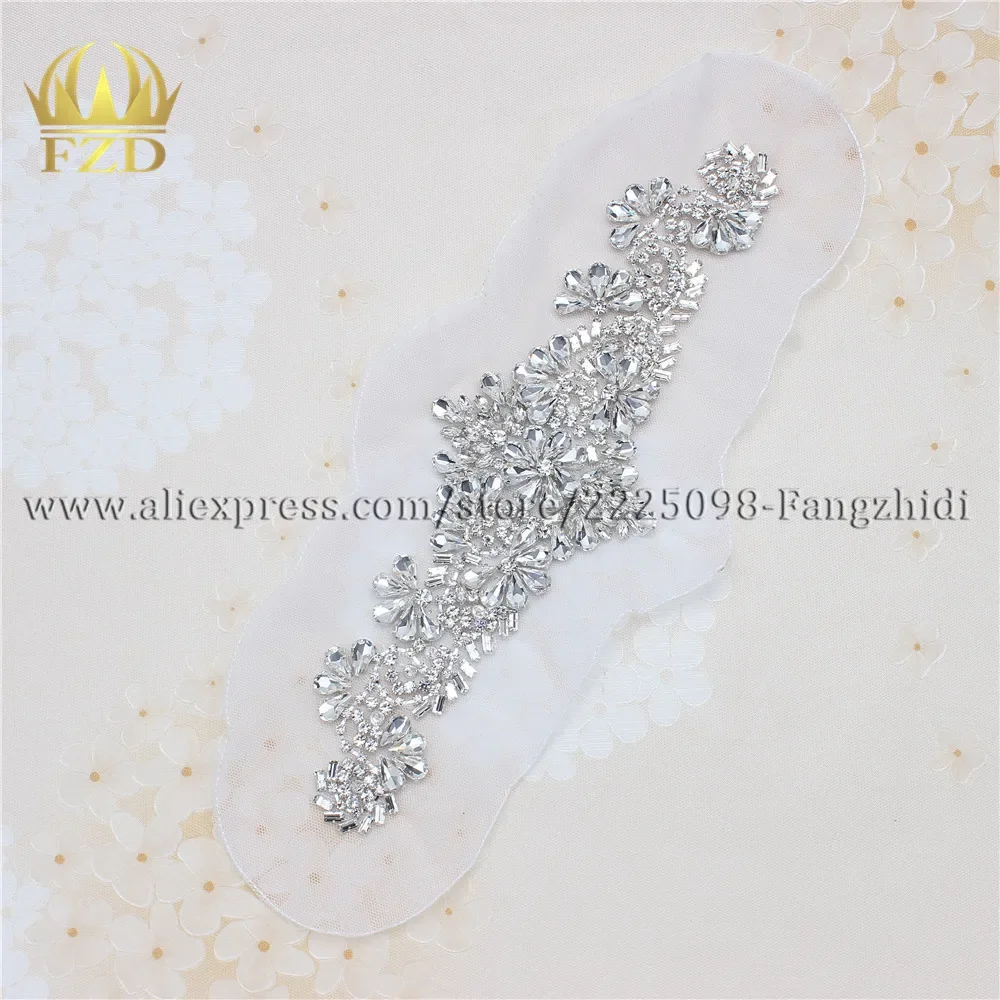 FZD 1 Piece Handmade Rhinestones Sewing on Crystal white Gauze Applique Rhinestone Trim for Wedding Bridal Dress Clothes FA-880