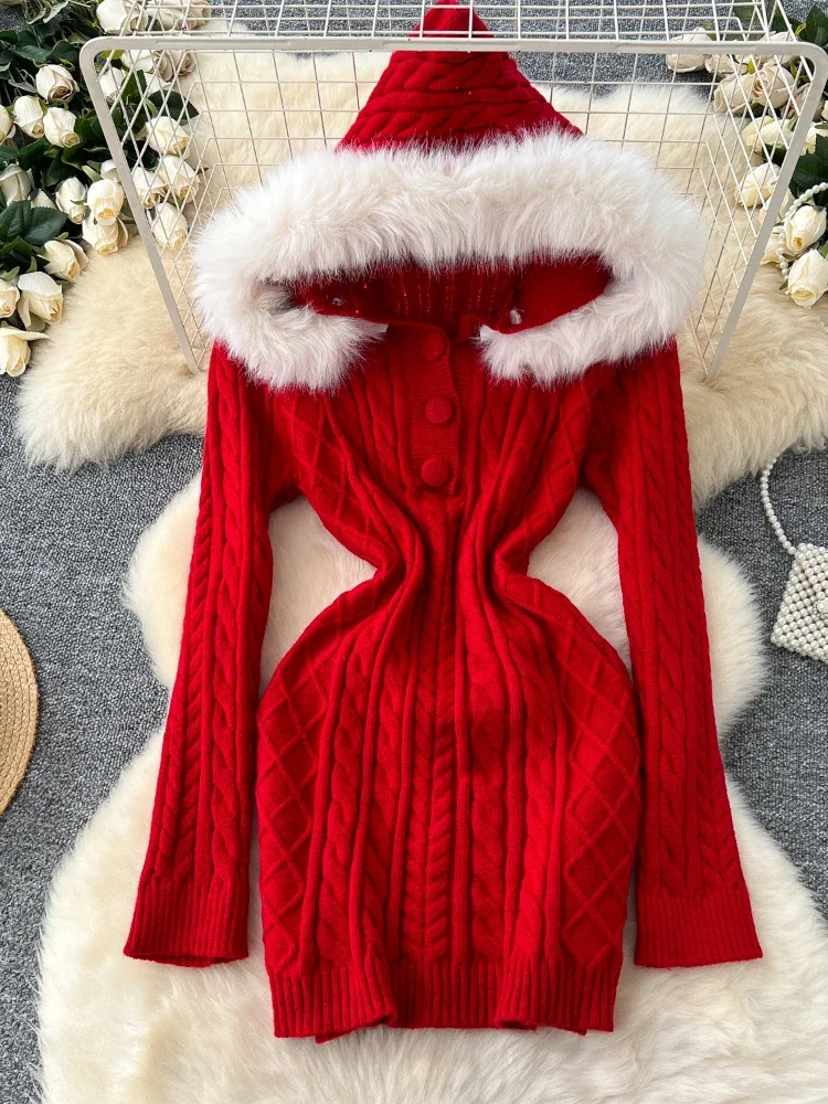 Autumn Winter Warm Knit Dress Women Furry Hooded Buttons Design Elastic Bodycon Christmas Style Chic Hotsweet Festival Clothing