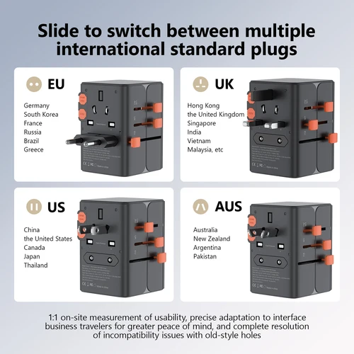 Imagen 2 del producto Adaptador de viaje universal con 4 salidas de CA Max 2400W 2 puertos USB 2 puertos tipo C PD 65W carga rápida todo en uno enchufe UE Reino Unido EE. UU. AUS