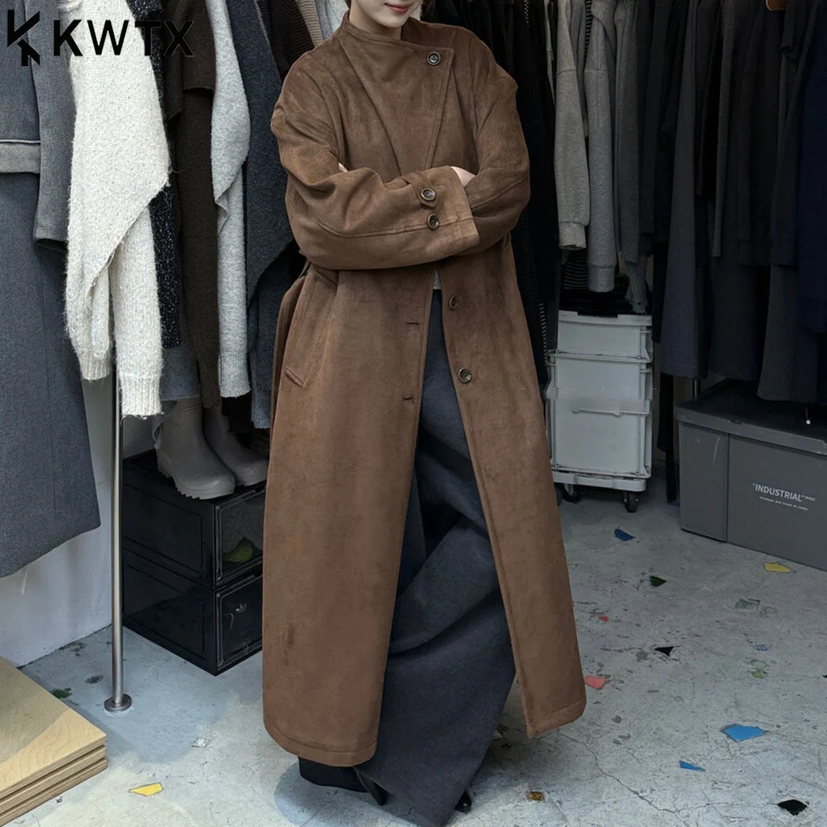 

KWTX женский длинный замшевый утепленный однобортный плащ с поясом, повседневный винтажный элегантный простой осень-зима 202, новинка