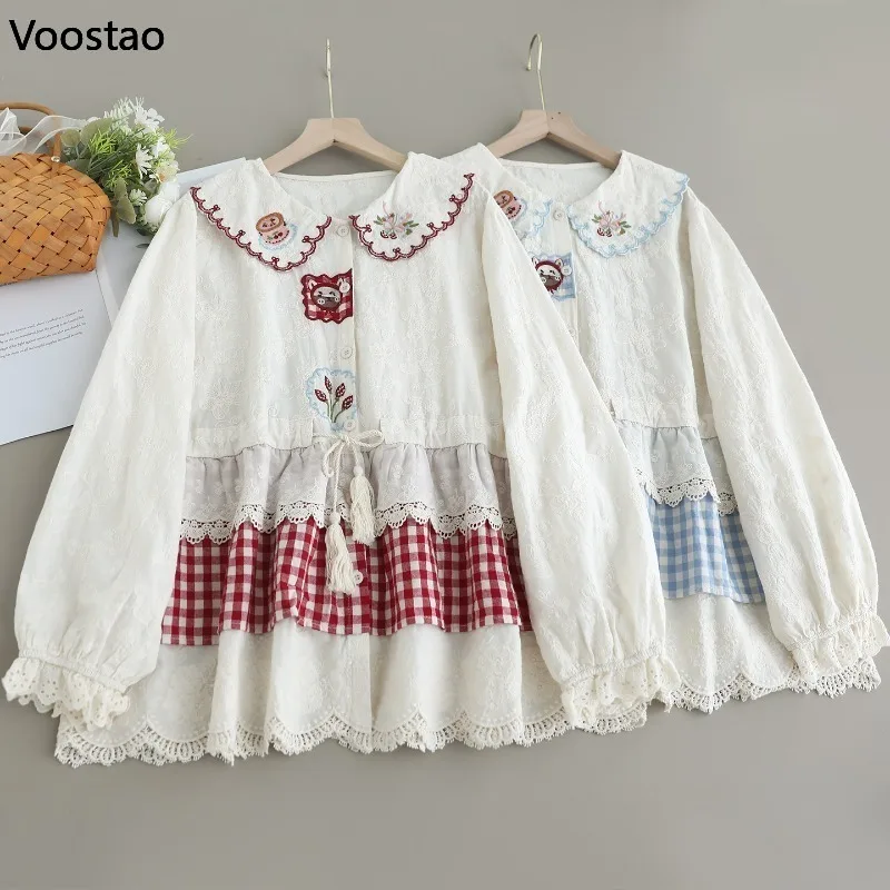 

Mori Girl Style Vintage Lolita Shirt Women Sweet Cartoon Embroidery Peter Pan Collar Blouses Female Japanese Kawaii Loose Tops