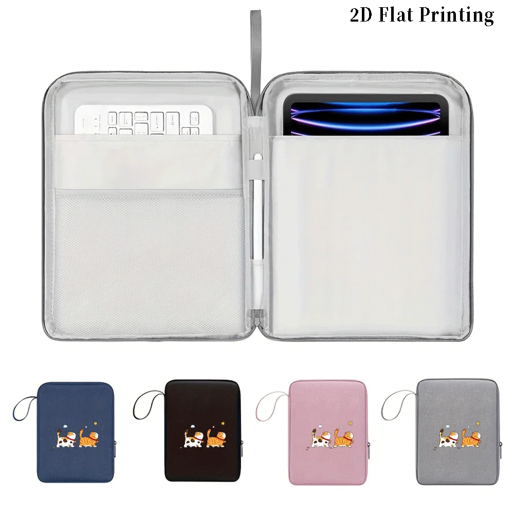 1PC 2D Flat Print Cartoon Cat Tablet Sleeve, Grey With Hand Strap, Shockproof Zipper Closure Fashion iPad Storage Bag for Daily