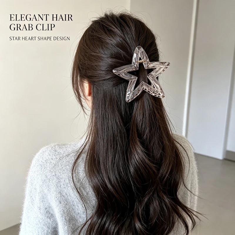 Korean Clear Crystal Star Heart Hair Claw Clip Frosted Wave Pattern Shark Clip Elegant Cold Style Women Fashion Hair Grab Clip