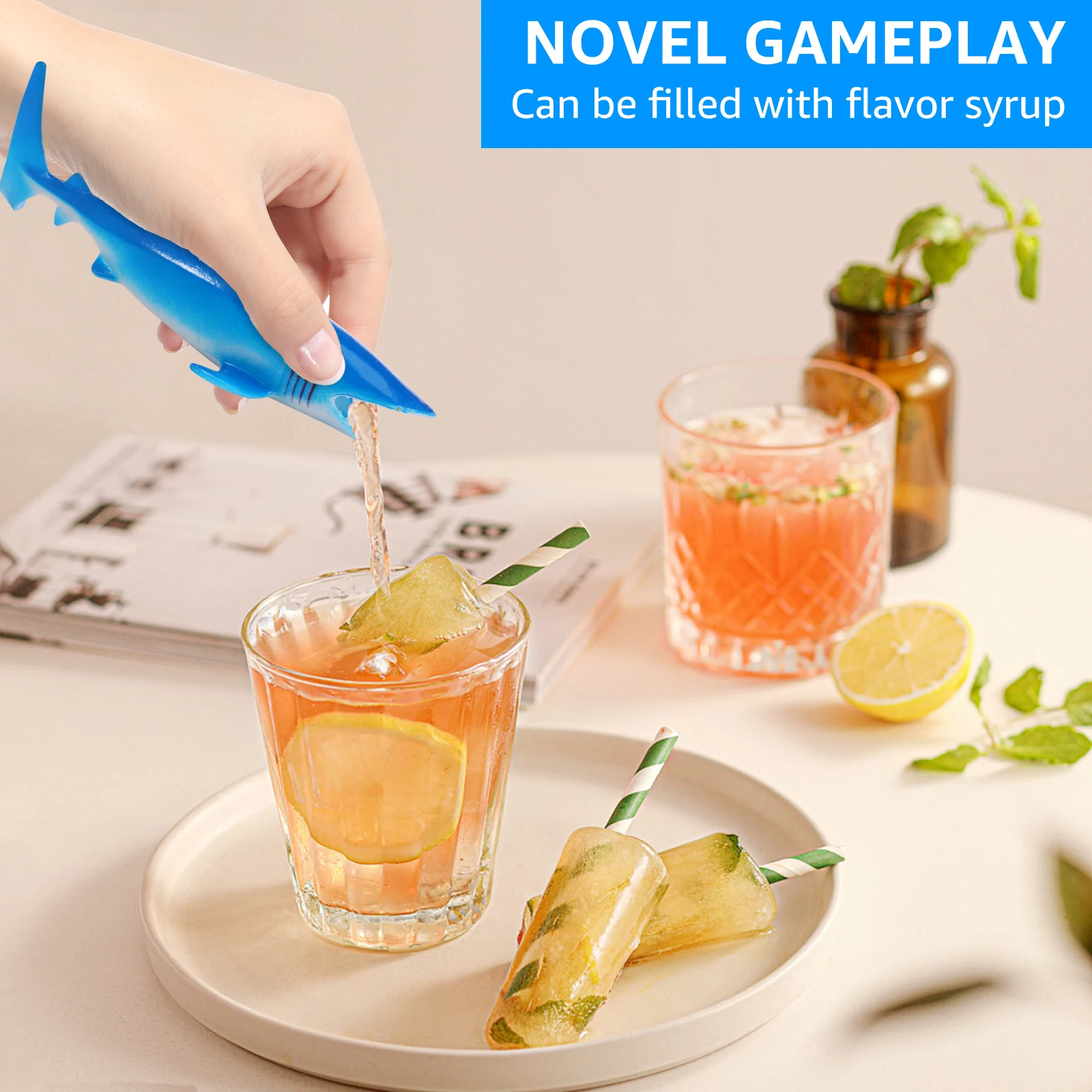 16-teiliger PVC-Hai zum Trinken, wiederverwendbarer hohler Hai-Dekor, gefüllter Geschmacksirup für Cocktail-Limonade für Mottoparty-Ozean-Tiere – Detail 4