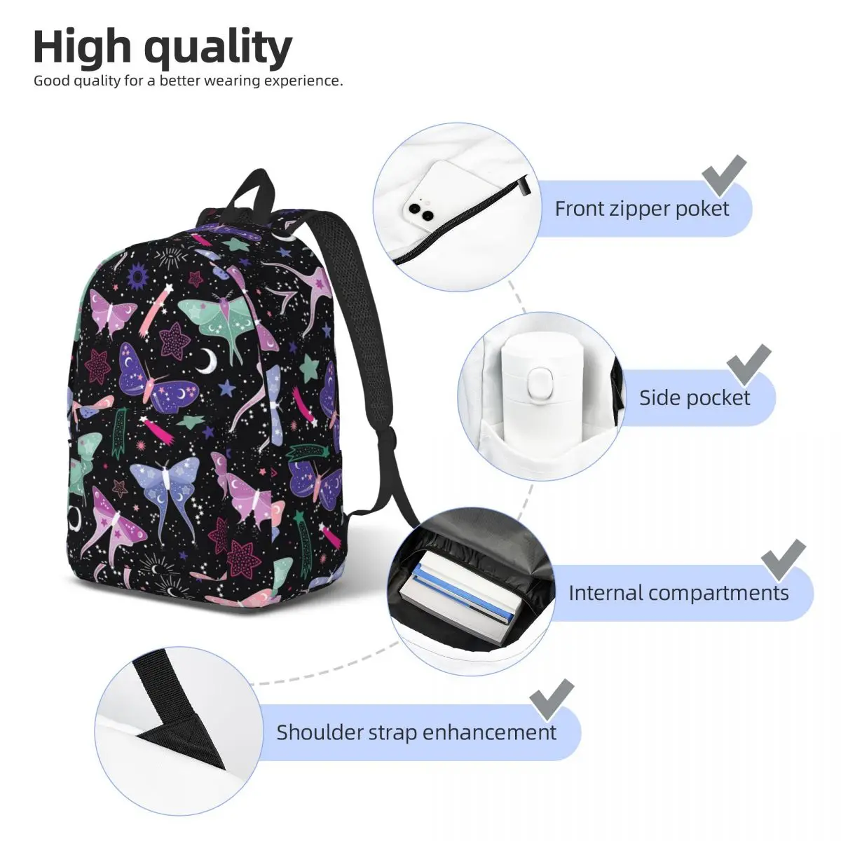 Night Spirit Luna Moth Backpack Student Boys Girls BookBag Kids School Bag Laptop Shoulder Bags for Men Women