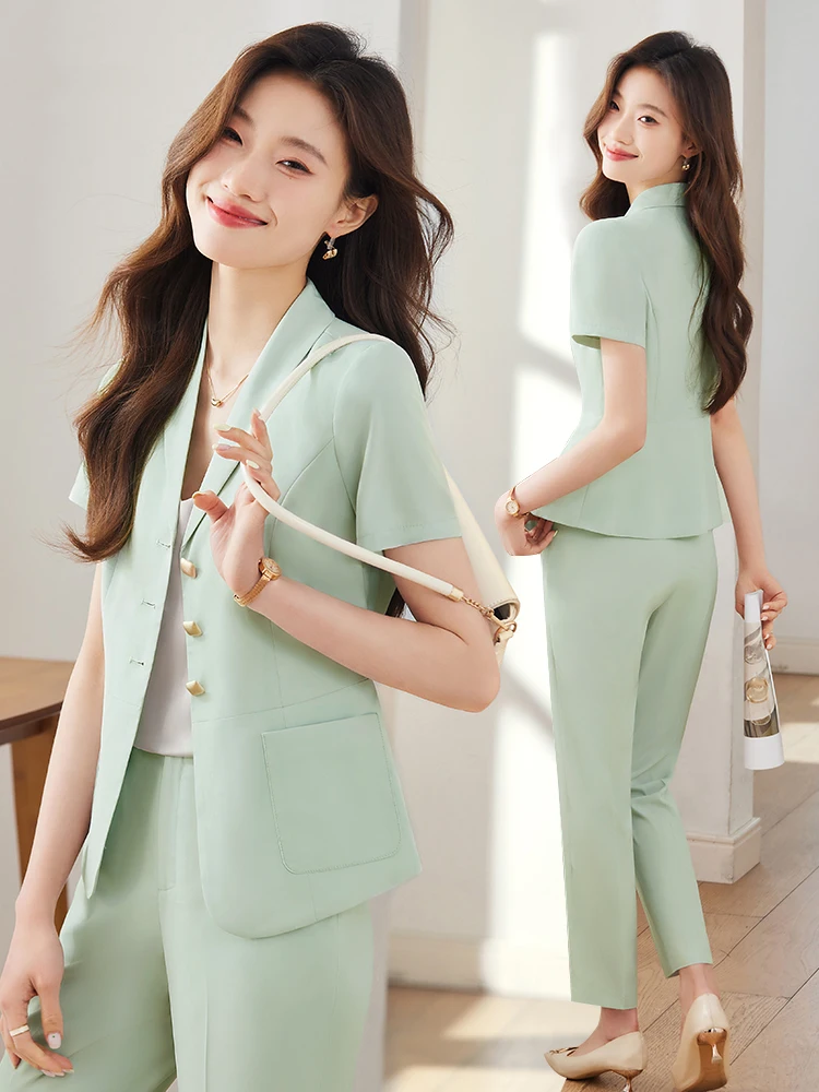 

Зеленый женский укороченный пиджак: повседневный, деловой, модный, весенне-летний комплект из полиэстера, в стиле для работы, с пуговицами