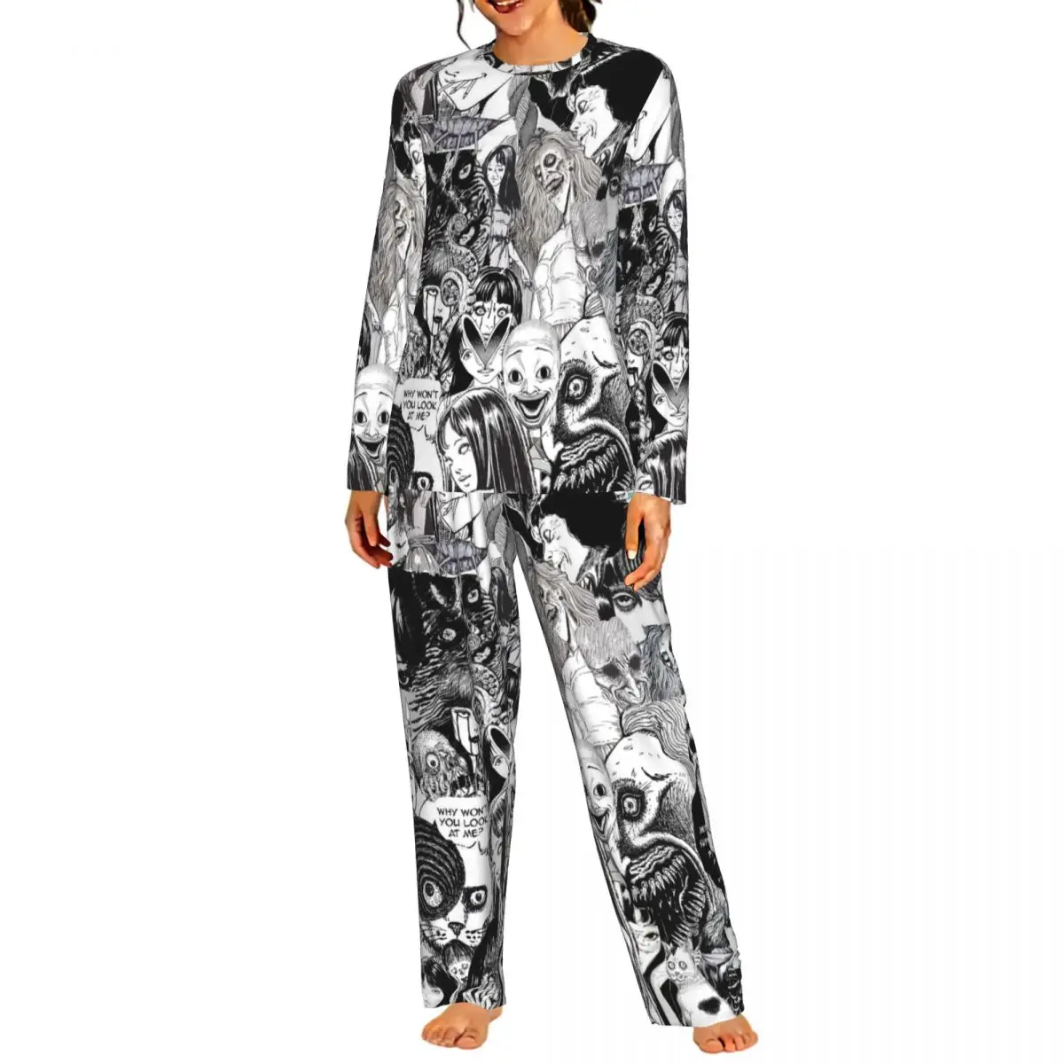 Junji Ito Japanese Anime Round Neck Long Sleeve Nightgowns for Sleeping Sleepshirts Women Soft Pajama Set Long Pants