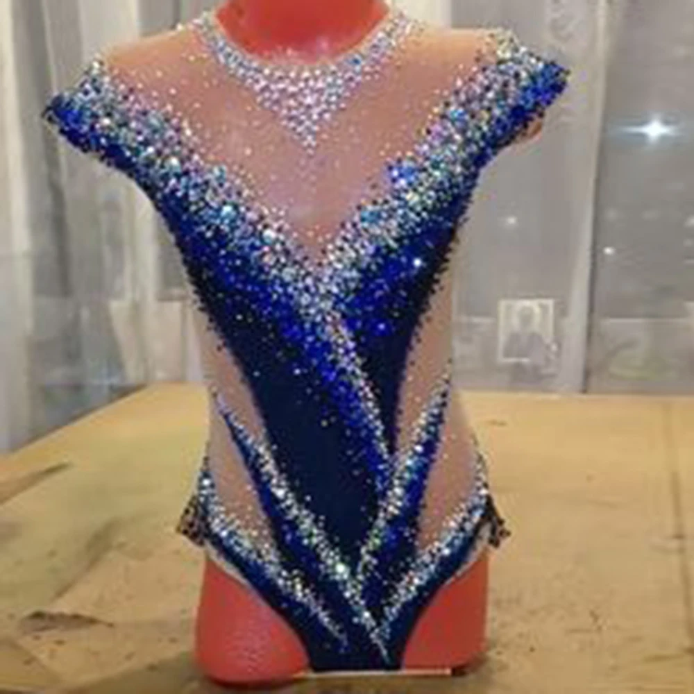 Rhythmic Gymnastics Leotards Blue Gradient Striped Diamond Sleeveless Girls Competition Performance