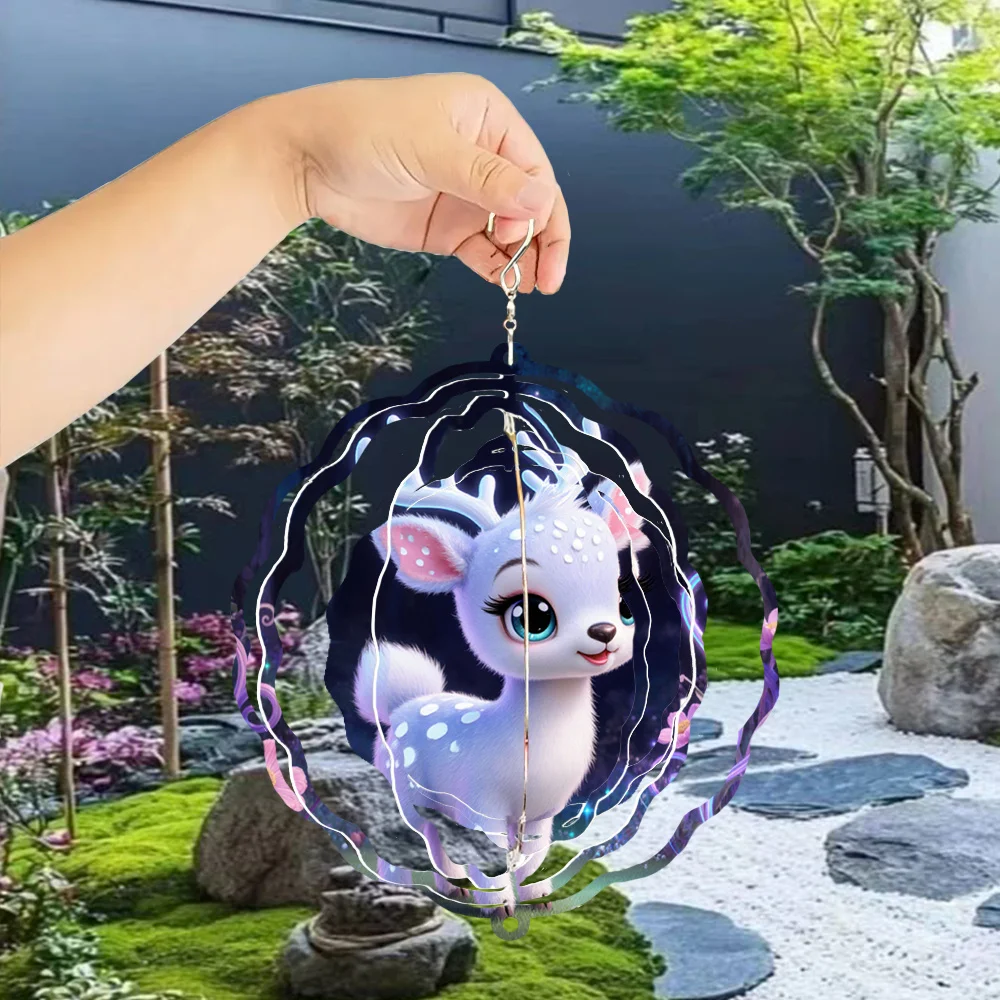 3D 1pc Dreamy Forest White Deer Print Wind Chime, Fairytale Magic Style, Metal 3D Rotating Wind Chime with 360° Swivel Hook