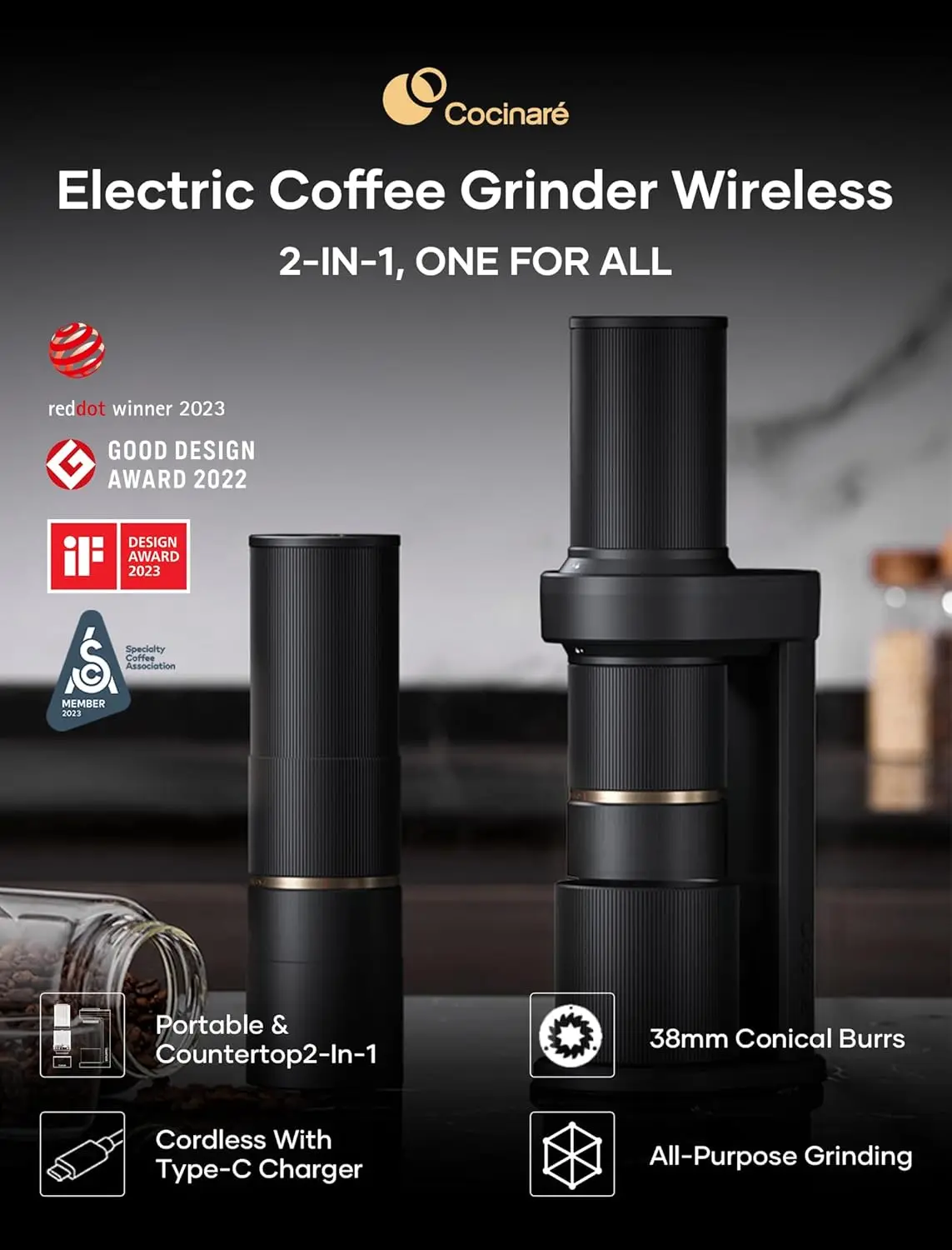 Grinder Electric Wireless 2-in-1 Portable & Removable Countertop Kit, Burr Coffee Grinders, for Drip, Espresso & Cold Bre