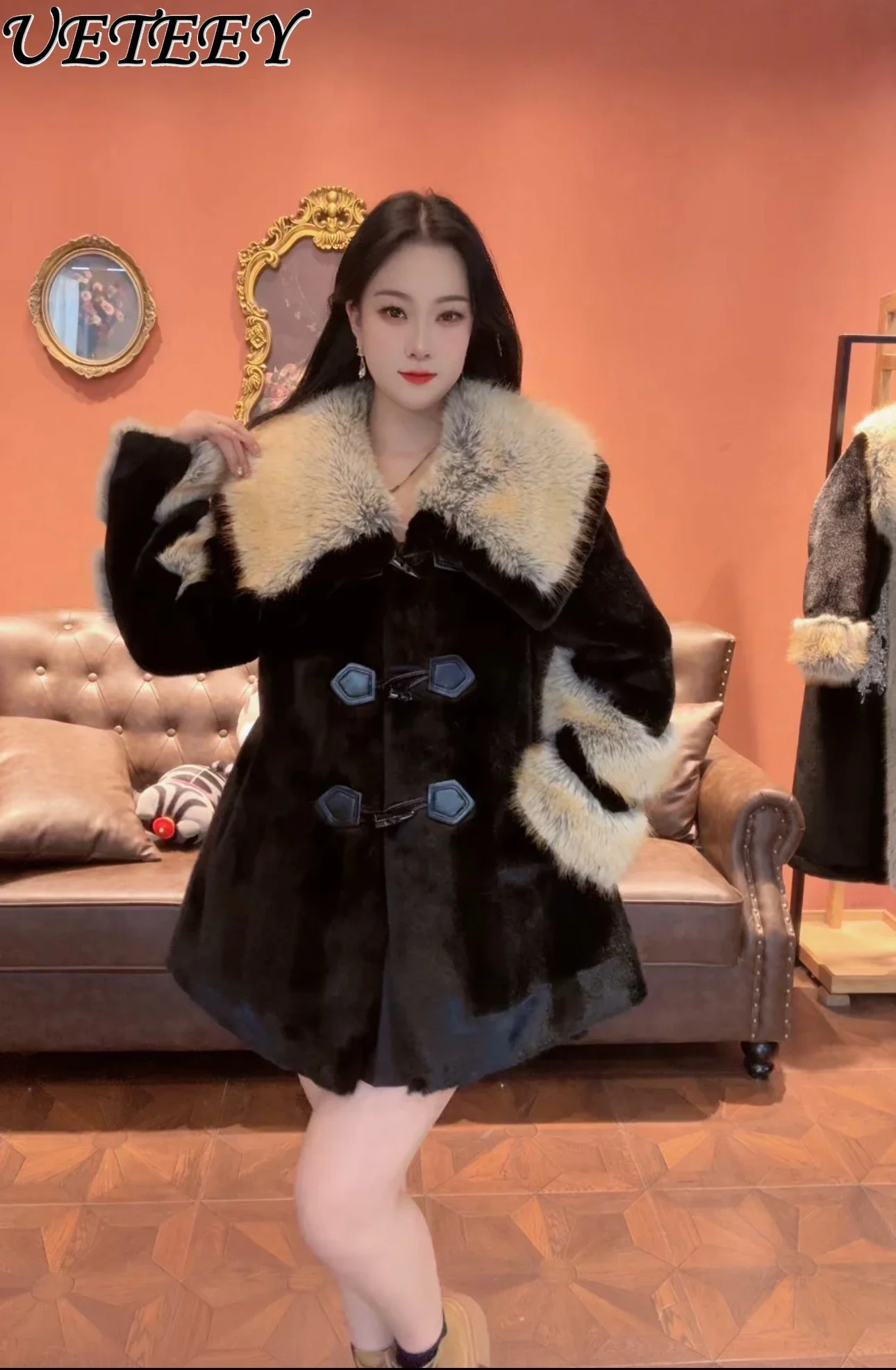 Winter Temperament Muse Leopard Print Black European Mink Waist Medium and Long Jacket High-end Lace-up Waist Faux Fur Coat