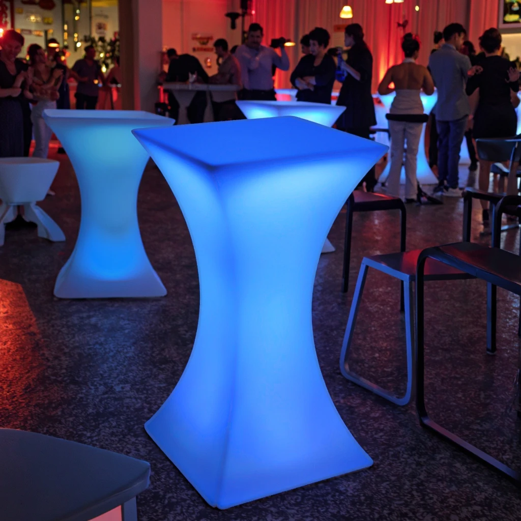 

Rechargeable RGB LED Cocktail Table High Top Light-Up Bar Top for Nightclubs & Events Plastic Material