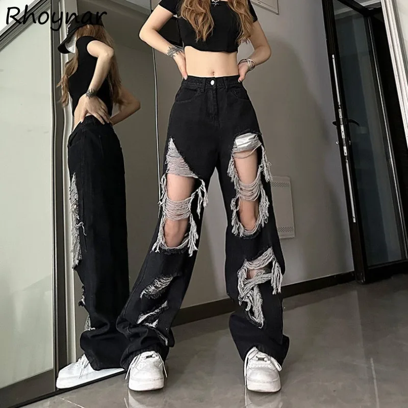 

Ripped Jeans for Women Loose Fashion Vintage High Waist Personality Streetwear All-match Casual Full-length Trousers Cool Teens