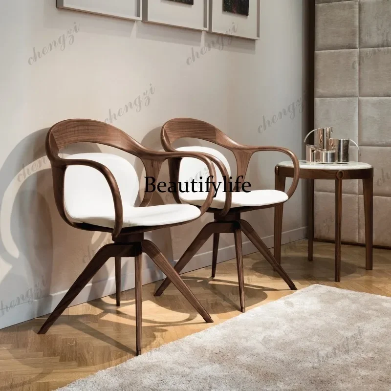 D136 Italian high-end modern black ash wood color leather solid wood leisure chair Nordic revolving book chair