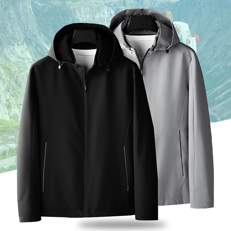 

Men Solid Color Camping Hiking Jacket All-Match Windproof Loose Fit Fishing Sportwear Hooded Windbreaker Sport Outerwear