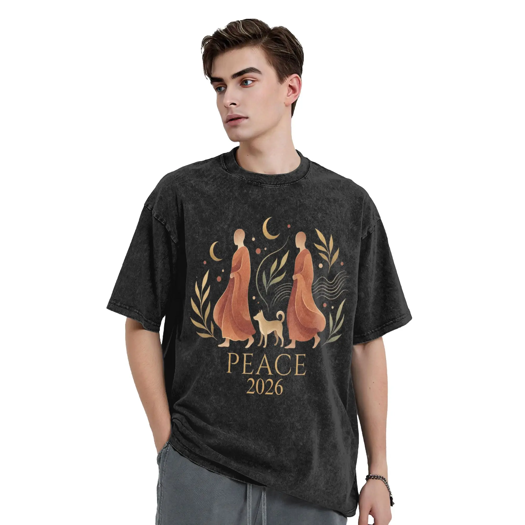 Men's Walk Peace 2026 World Peace Monks with Aloka Dog Spiritual T-Shirts Casual Tshirt Hot Sale