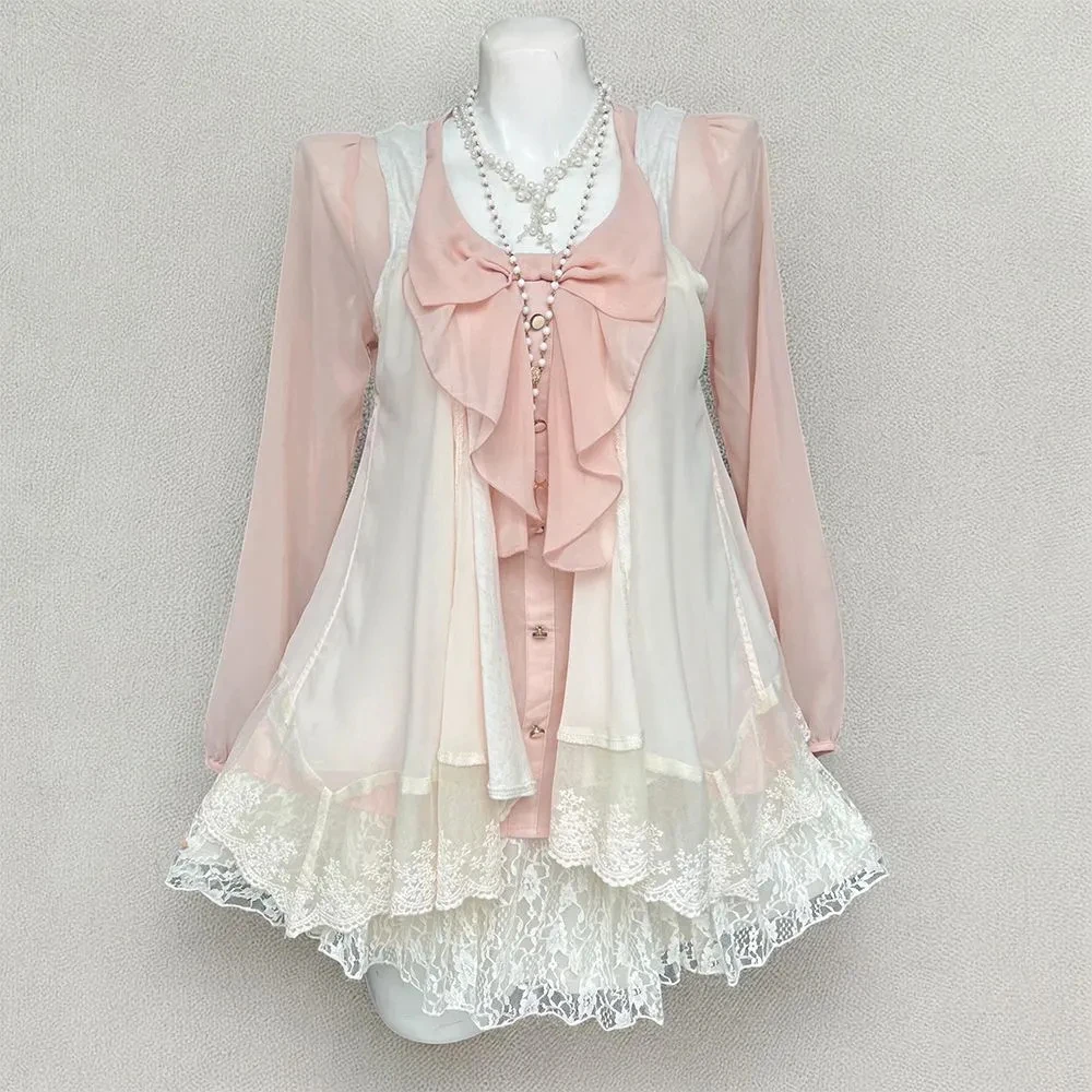 

Осенний сладкий стиль Лолиты, комплект из 3 предметов, женский кавайный розовый бант, блузка с оборками, топы, кружевной кардиган, мини-юбка-тортик, женские наряды Y2k