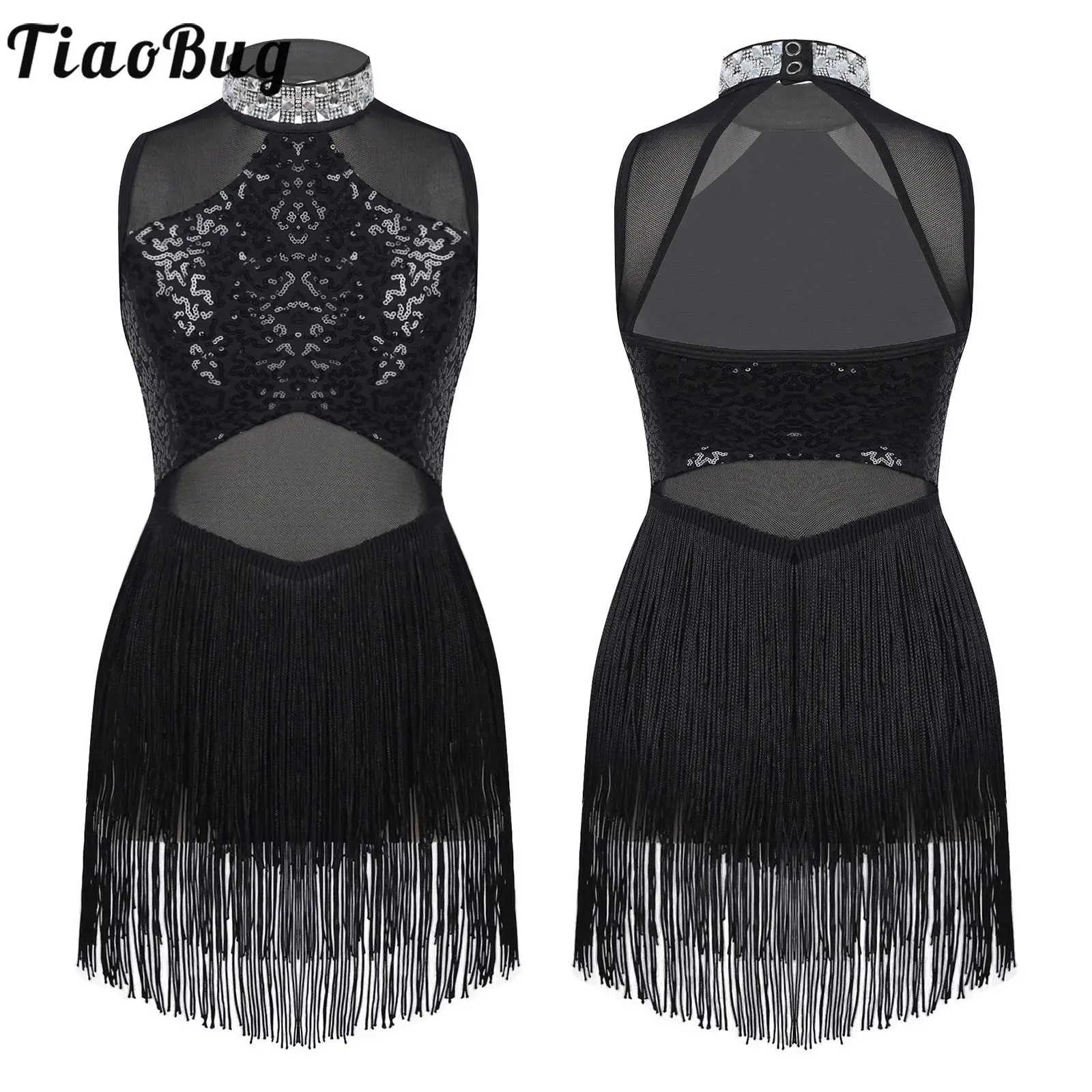 

Kids Girls Black/White Shiny Rhinestones Decor Collar Sequins Sleeveless Jazz Dance Dresses Mesh with Tassels Hem Dance Leotards