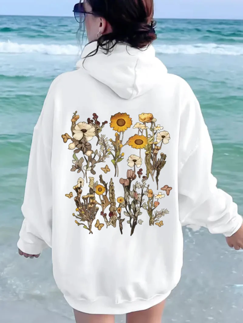 Cute Floral Print Women\'s Hoodie with Fashionable Design Loose and Casual Floral Women Clothing Autumn and Winter Fleece Hoodie