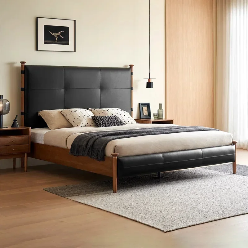 French retro master bedroom first layer cowhide double bed